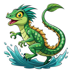 A vibrant basilisk lizard, showcasing its long tail, sprints across the surface of a calm, clear body of water.  Exceptional detail required.