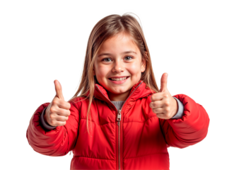 Happy girl giving thumbs up in a red jacket, isolated on a transparent PNG background