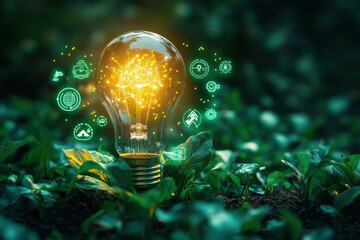 A light bulb emitting green icons, symbolizing innovation and technology, against a clean white background.