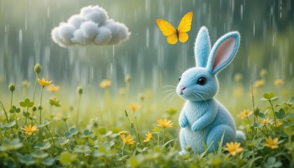 Fototapeta premium Adorable Blue Bunny in a Rain Shower Meadow with Yellow Flowers and Butterfly
