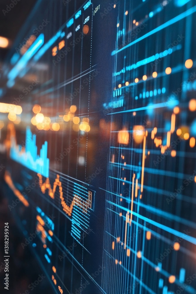 Poster dynamic financial data visualization chart displaying analyzing growth trends on computer screen