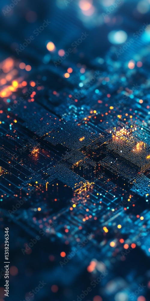 Poster close-up view of abstract technology background with glowing particles and circuit design