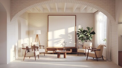 Fototapeta premium Minimalist Modern Living Room with White Brick Walls and an Arched Window