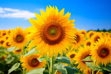 Fototapeta premium 【 AI Digital Art 】 Close up of Sunflowers, Blue Sky and Sunflowers
