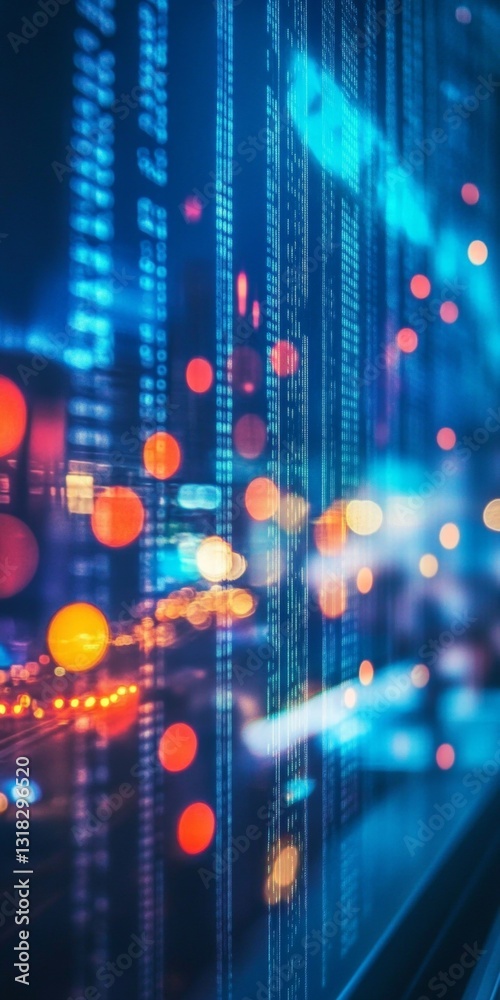 Poster abstract digital data visualization with colorful bokeh and light trails in a modern setting