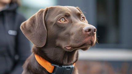 Chocolate Labrador wearing an orange smart GPS collar outdoors
