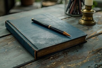 Clear Pixel Picture of a Notebook with a Pen on it Sits on a Table with Other Items