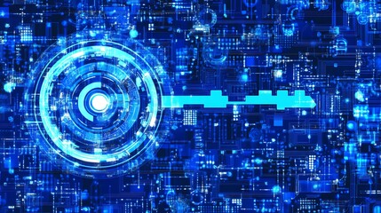 Abstract digital key in futuristic circuit background.