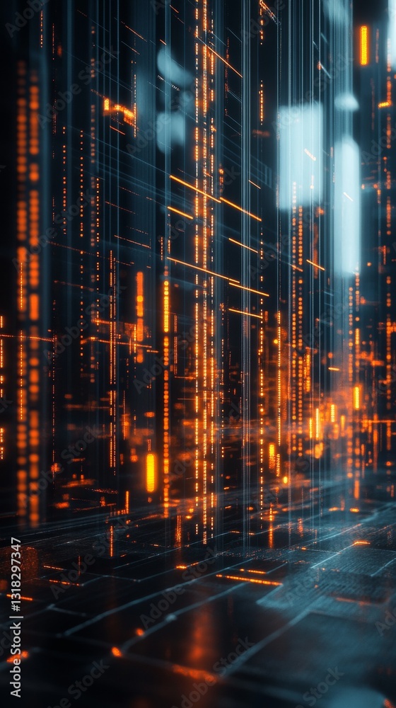 Poster futuristic digital environment with illuminated lines and geometric patterns in neon colors