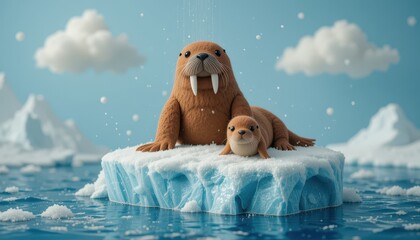 Adorable Walrus Mother and Pup Resting on Melting Arctic Iceberg