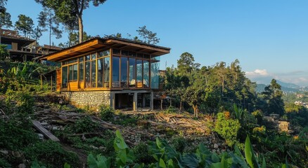 Fototapeta premium A small, narrow, modern house made of wood and glass, standing on a hill in a Brazilian forest with a clear blue sky, surrounded by trees.