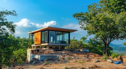 A small, narrow, modern house made of wood and glass, standing on a hill in a Brazilian forest with a clear blue sky, surrounded by trees.