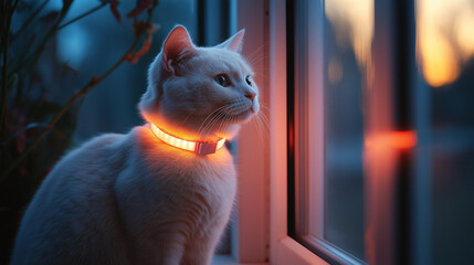 White cat wearing a glowing LED smart collar looking out the window at dusk