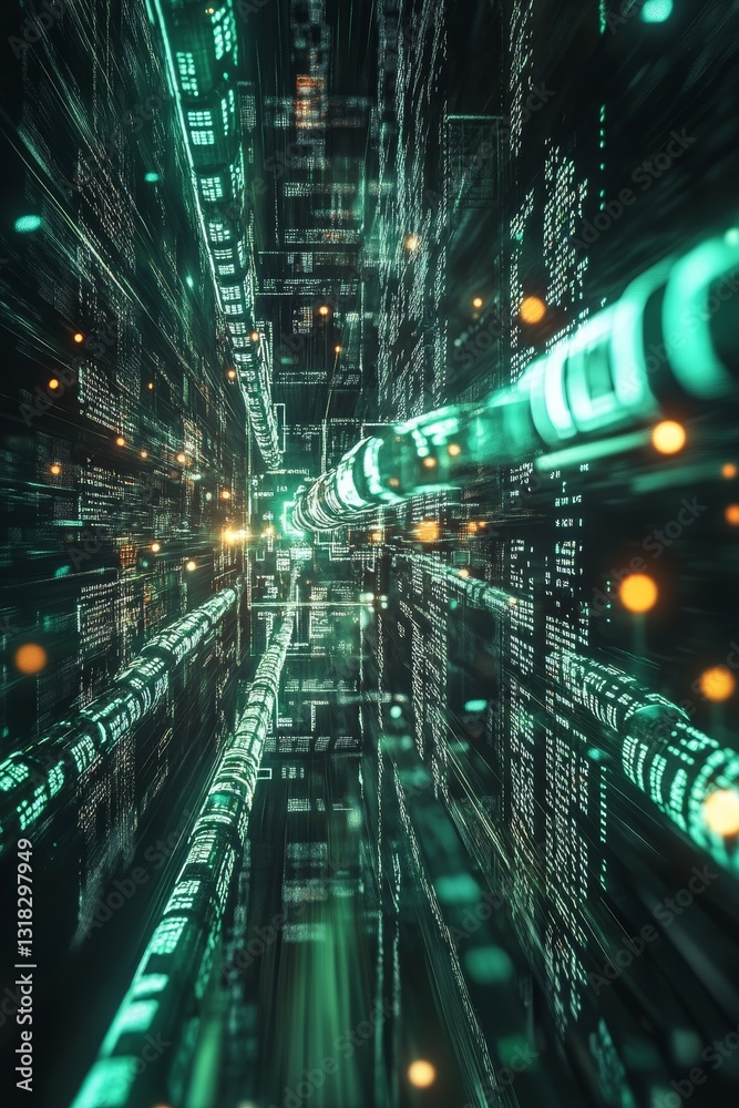 Poster a computer generated image of a cityscape with a green background and a green line running through i