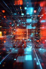 A computer generated image of a room with a red square in the middle. The room is filled with blue and red squares