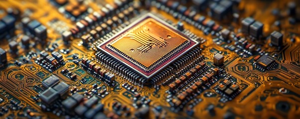 Obraz premium Closeup of a semiconductor chip on a circuit board, showcasing intricate electronic components and connections in semiconductor fabrication
