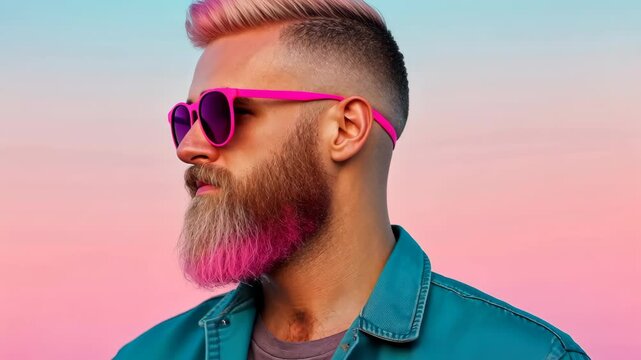 Man with Neon Pink Beard and Sunglasses Against Vibrant Pastel Sky Reflecting Trendy Style and Bold Fashion Statement