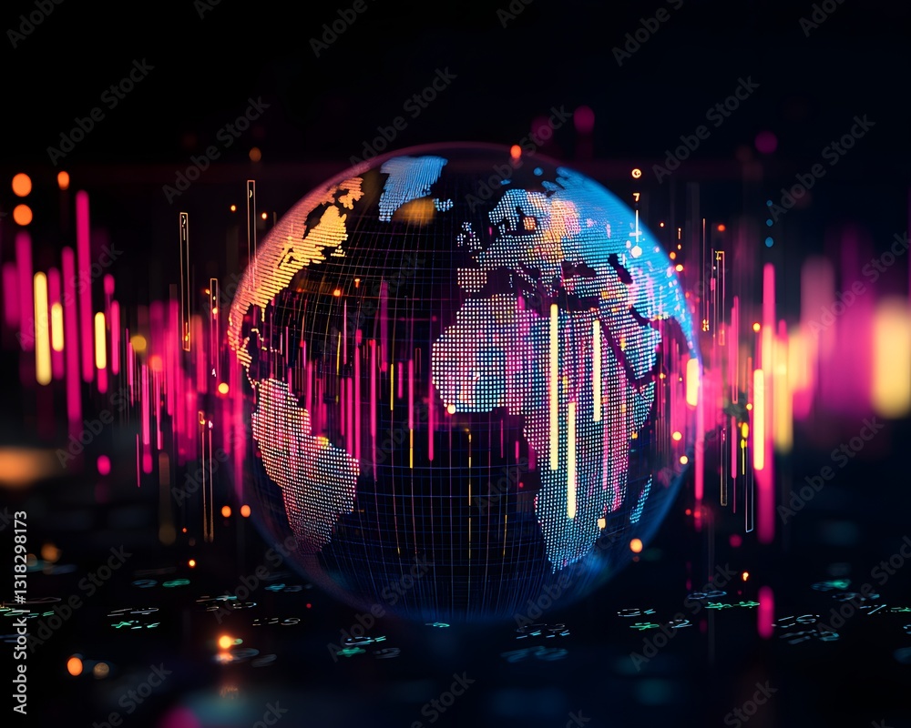 Poster a digital globe illuminated by vibrant data analytics graphics. this striking image symbolizes globa