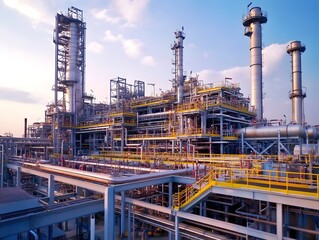 A detailed view of an industrial plant with towering structures and extensive piping systems, showcasing modern engineering and technology against a bright, cloudy sky.