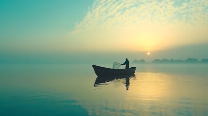 Obraz premium Fisherman in a Boat at Sunrise Over Tranquil Water with Mist
