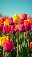 Obraz premium Colorful tulips sway gently in the warm breeze, each bloom radiating vivid hues of red, yellow, and pink, creating a breathtaking tapestry of springtime beauty in a serene garden setting