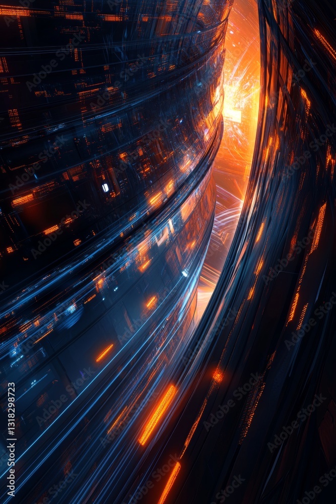 Wall mural futuristic abstract digital background with glowing neon lights in dark geometric patterns