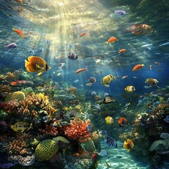 Fototapeta premium Vibrant Underwater Coral Reef Teeming with Tropical Fish in Sunlit Ocean Depths