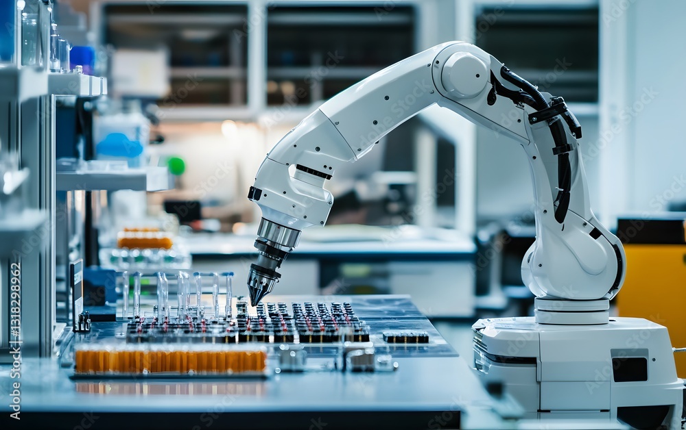 Poster a modern laboratory featuring a robotic arm efficiently working on a complex task. the image capture