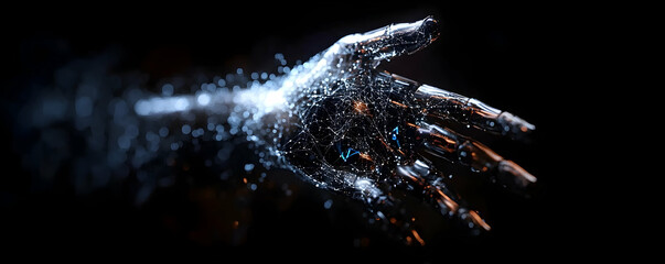 Metallic Hand Reaching Out, Networked in Light, Digital Art