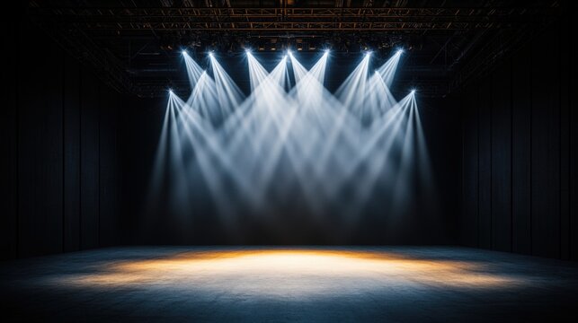 Dramatic stage with bright spotlights illuminating an artistic performance setting for captivating live entertainment