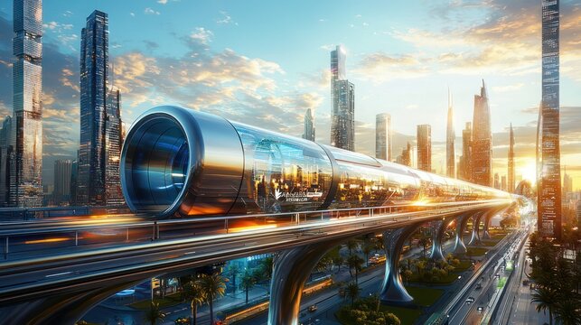 A hyperloop station concept integrated into a futuristic city