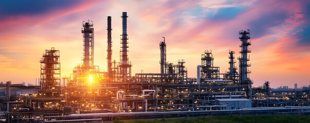 Fototapeta premium A stunning view of an industrial complex at sunset, showcasing tall smokestacks and intricate machinery against a dramatic sky
