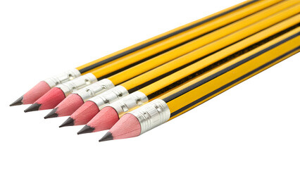 Fototapeta premium Six yellow pencils with pink erasers, isolated on Transparent background