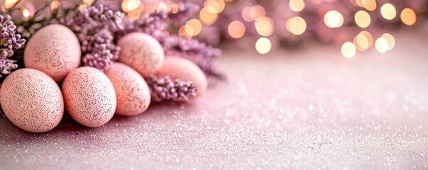 A serene arrangement of pink Easter eggs surrounded by lavender and soft lighting, creating a festive and elegant atmosphere.