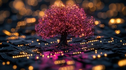 Pink blossom tree on tech board, bokeh lights glow. Vivid and enchanting image