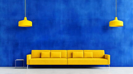 Yellow Sofa & Blue Wall, Modern Home Decor, Vibrant Living Room Design with Pendant Lights, Minimalist Style, Contemporary Interior.