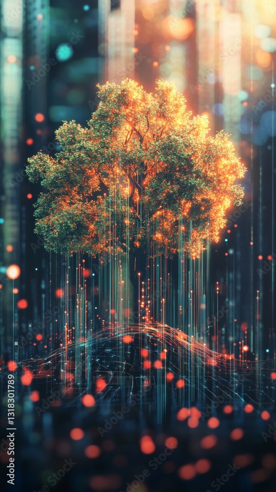 Canvas Prints glowing tree surrounded by digital light particles in an abstract forest landscape