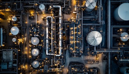 Aerial view of a modern industrial facility with illuminated tanks and pipelines. The intricate network of structures showcases the complexity and scale of industrial operations.