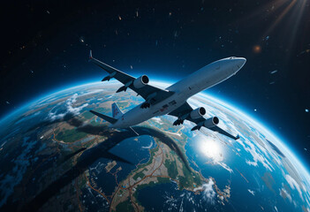 Obraz premium Modern Passenger Aircraft Soaring Through Space with Illuminated Earth Below Against Starlit Cosmos