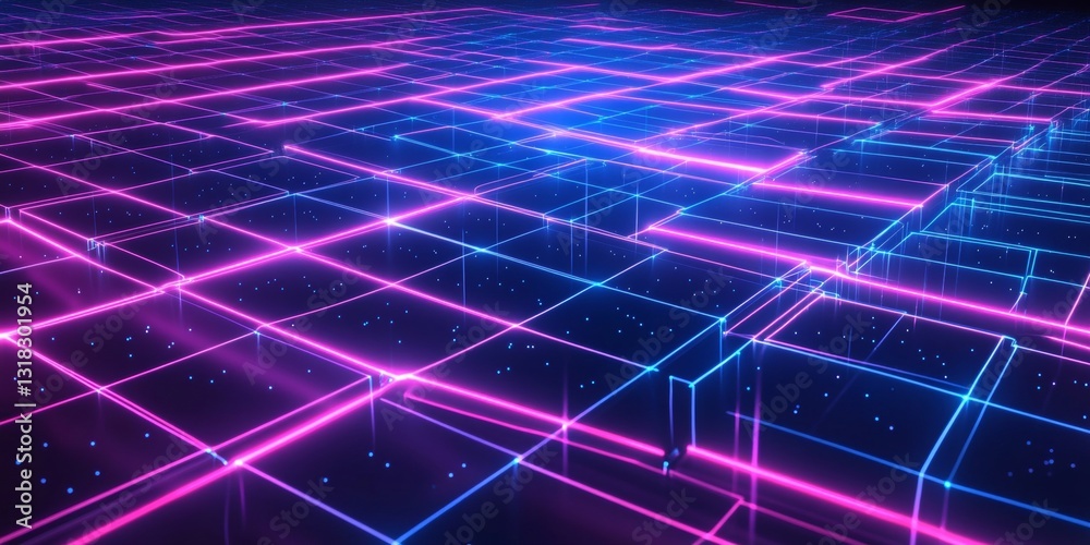 Wall mural futuristic neon grid pattern with vibrant colors and dynamic lights in abstract digital space