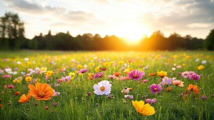 Obraz premium A beautiful and expansive field of colorful cosmos flowers blooming under a clear blue sky on a sunny day