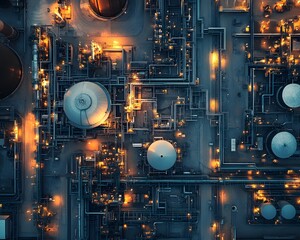 An aerial view of a complex industrial facility showcasing intricate piping and tanks, lit up at night, showcasing the complexity and beauty of modern industry.