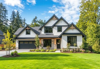 New construction home in a rustic, white cottage style with a dark roof and blue accents, a large front yard with green grass, landscape design with native plants
