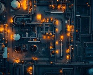 Fototapeta premium An aerial view of an industrial complex at night, featuring illuminated pipes, tanks, and machinery