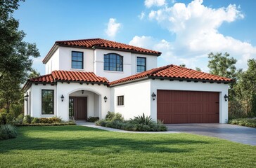 Obraz premium a single-story California house with white stucco and an orange roof. In the background, there is a blue sky and a green grass lawn.