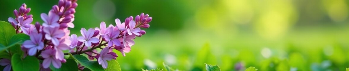 Fototapeta premium Delicate lilac flowers in a lush green meadow, lilac, flowers