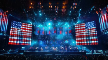 A live concert with the stage covered in flags and patriotic banners