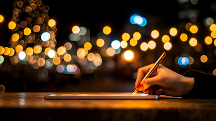 Night City Lights, Hand Writes on Tablet at Night, Creating Content Calmly.