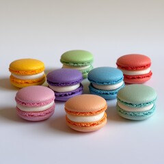Obraz premium A row of colorful macarons with different flavors. The macarons are arranged in a neat row on a white background
