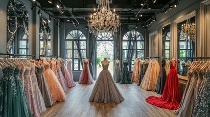 A luxurious showroom with designer dresses and evening gowns on display